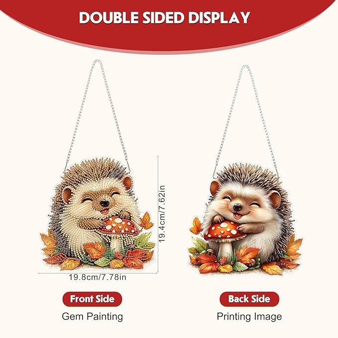 Hanging Diamond Art Kit for Adult, Autumn Hedgehog, 5D Special Shaped Rhinestone Diamond Painting Ornament, Cute Hedgehog, DIY Acrylic Diamond Art Painting Window Pendants Home Garden Wall Decor
