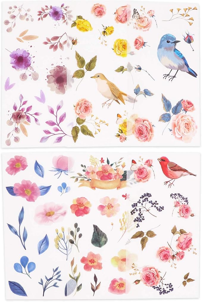 Knaid Watercolor Birds and Flowers Stickers Set - Decorative Sticker for Scrapbooking, Kid DIY Arts Crafts, Album, Bullet Journaling, Junk Journal, Planners, Calendars and Notebook