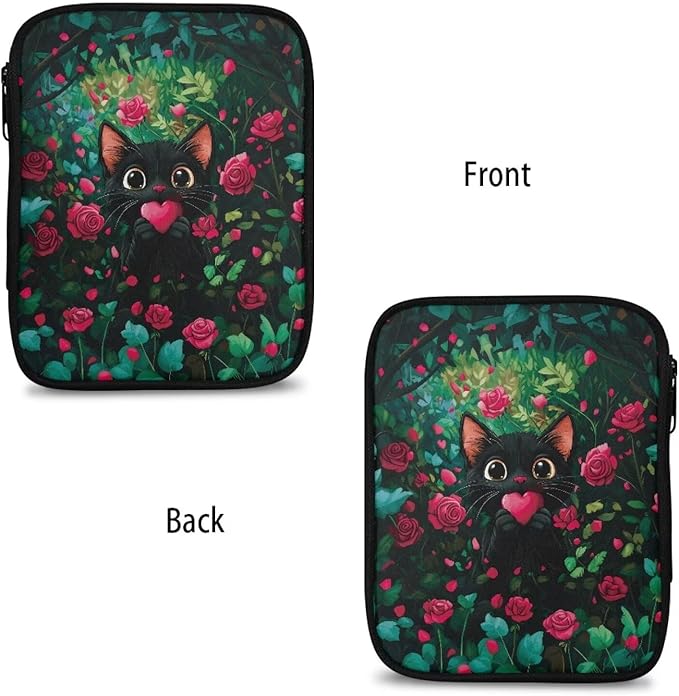 Hechitok Black Cat Heart Rose Crochet Hook Case Zipper Storage Organizer Bag with Pockets for Various Crochet Needles/Knitting Accessories/Crochet Hook Kit Tools