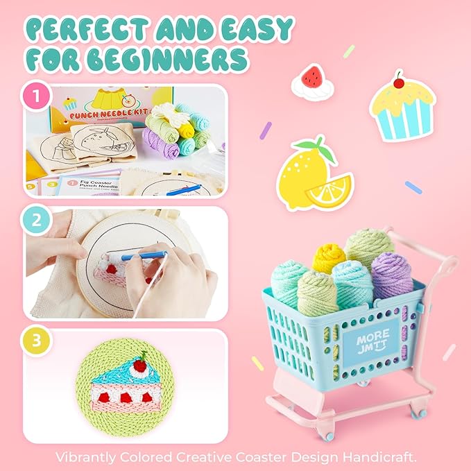 punch needle kit-6,embroidery kit for beginners,punch needle kits adults beginner,needles, curved scissors, a tool storage box, yarn, easy-to-follow instructions, and tutorial videos-Fruit Dessert