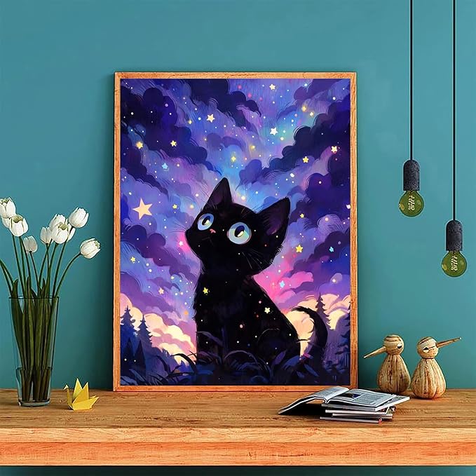 ijbnhd Cat Diamond Art Kits for Adults,Starry Night Diamond Painting Kits, Animals Paint by Diamonds Pictures for Beginners Teenagers,Perfect for Home Office Decor 12x16 inch
