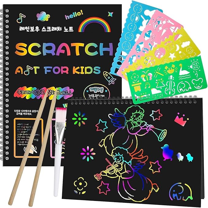 smasiagon valentines gifts for kids - scratch paper art set: 2 pack notebooks arts supplies and crafts for kids ages 3 4 5 6 7 8 9 10 girls boys toys easter basket stuffers birthday party favor games