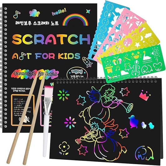 smasiagon valentines gifts for kids - scratch paper art set: 2 pack notebooks arts supplies and crafts for kids ages 3 4 5 6 7 8 9 10 girls boys toys easter basket stuffers birthday party favor games