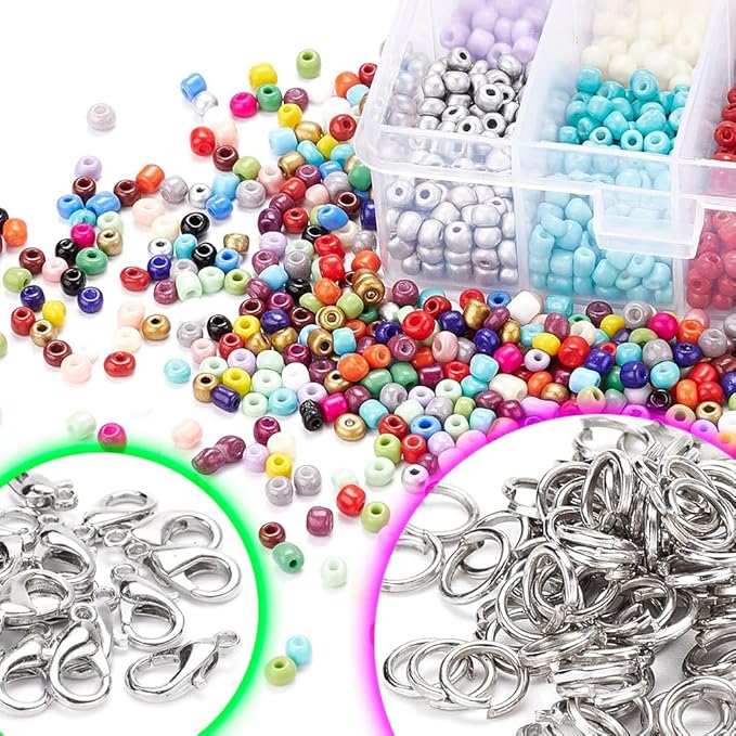 3600 Pcs 4mm Glass Seed Beads Bracelet Making Kit, Small Beads Friendship Jewelry Craft Kit with Lobster Clasps, Jump Rings & Elastic Cord, DIY Art Craft Gift for Girls