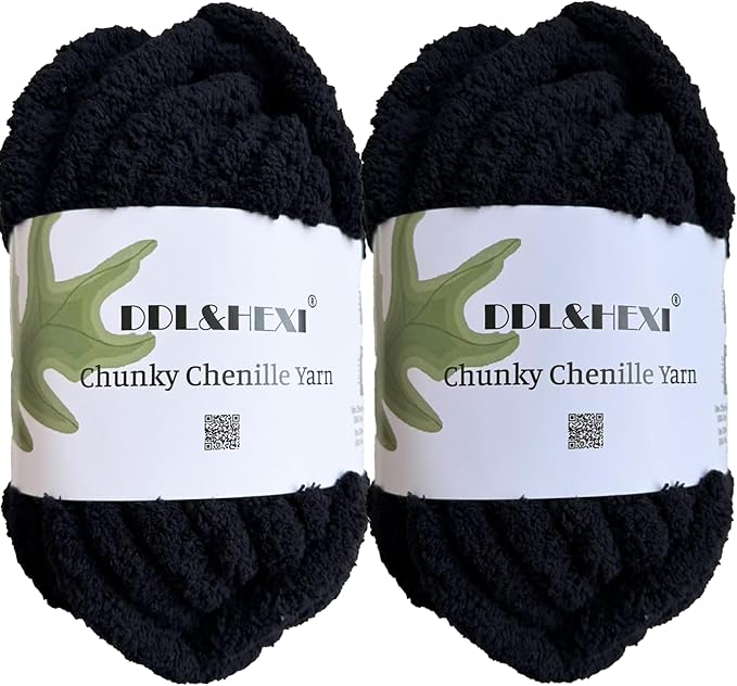 DDL&HEXI 2 Skeins Super Chenille Chunky Yarn,Blanket Making Kit,Jumbo Knitting Yarn 2x8oz 226g per Bag (Black)