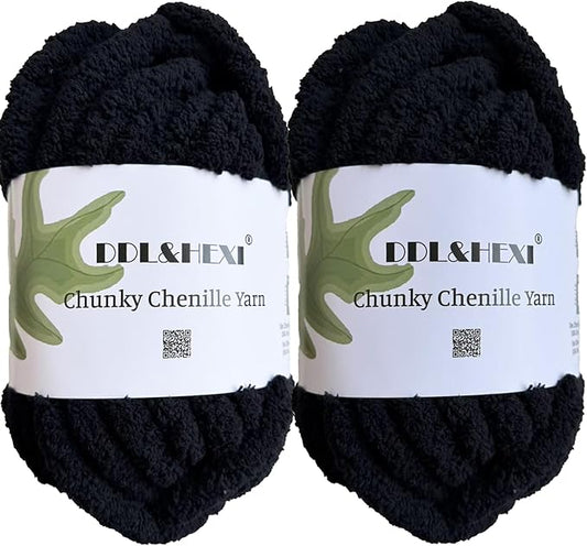 DDL&HEXI 2 Skeins Super Chenille Chunky Yarn,Blanket Making Kit,Jumbo Knitting Yarn 2x8oz 226g per Bag (Black)