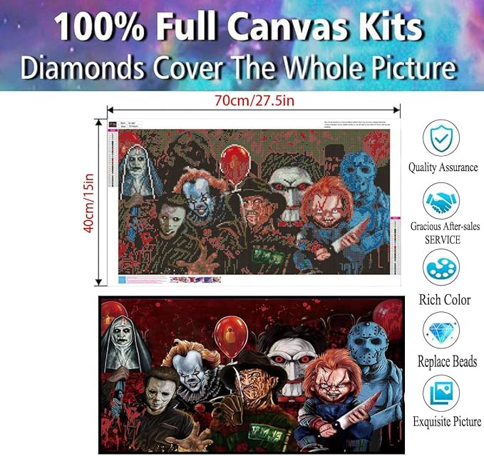KYOQFVN Halloween Diamond Painting Kits for Adults,5D Full Round Diamond Halloween Clown Diamond Art Kit, Large Dots Diamond Painting for Beginners, DIY Beads for Home Wall Decor, 27.5" x 15"