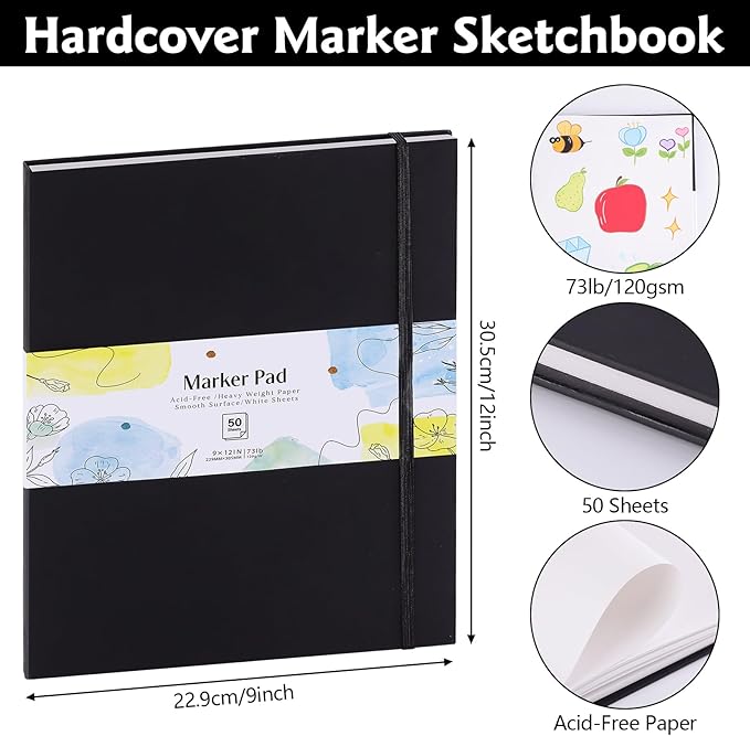 50 Sheets Hardcover Marker Paper Pad, 9x12in Alcohol Marker Paper Sketch Pad, 73lb/120gsm Heavyweight Spiral Sketch Book, Painting Coloring Drawing Book for Beginners Artists Ideal Gift