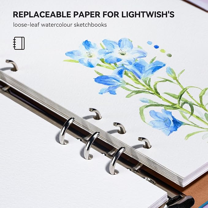 LIGHTWISH Watercolor Paper Bulk, 100% Cotton Cold Press 450gsm, 2 Pack, Total 30 Sheets A5 Hole-Punched Replaceable Paper for Artists, Adults,Students,5.8 * 8.2 Inches