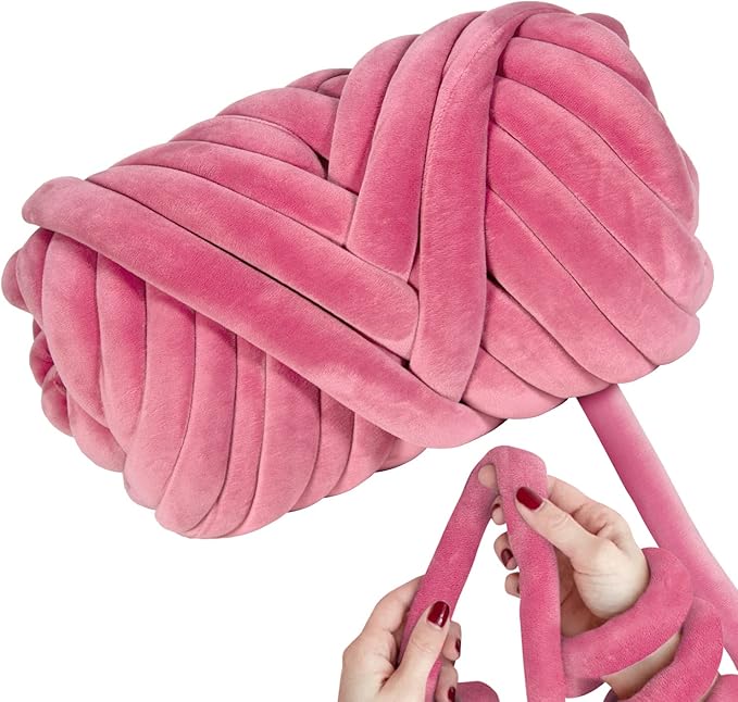 Ultra Soft 2.2 LBS (1kg) Chunky Yarn for Hand Knitting, Lush Velvet Fabric Tube Yarn to Make Handbags, Pillows, Blankets, Crafts (Dark Pink)