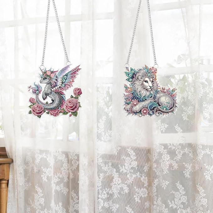 2 Pcs 5D DIY Diamond Painting Pendants – Rose-Adorned Flying Dragon & Prince-Style Lion Hanging Ornaments, Irregular Diamonds, Acrylic Wall & Window Decor, Handmade Gift Craft Kits