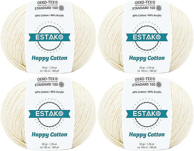 Estako Happy Cotton, (4 Skeins Pack) 60% Cotton 40% Acrylic Yarn, Soft, Fine/Sport (2) for Crochet and Knitting (4 x 1.76 Oz) / (4 x 180 Yrds) (4150 - Cream)