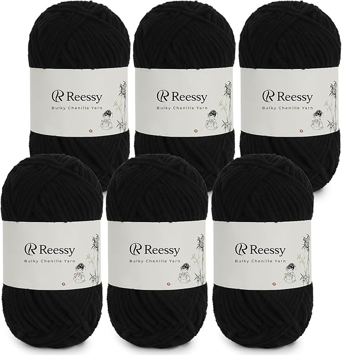 Bulky Chenille Yarn for Crocheting – 6 Pack of 50g/1.76oz Skeins, Pure Polyester, CYC #5 Bulky Weight – Ultra Soft Chenille Yarn Pack for Crafting Plush Toys, Blankets, Scarves(Black)