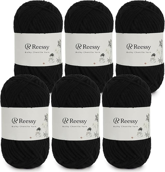 Bulky Chenille Yarn for Crocheting – 6 Pack of 50g/1.76oz Skeins, Pure Polyester, CYC #5 Bulky Weight – Ultra Soft Chenille Yarn Pack for Crafting Plush Toys, Blankets, Scarves(Black)
