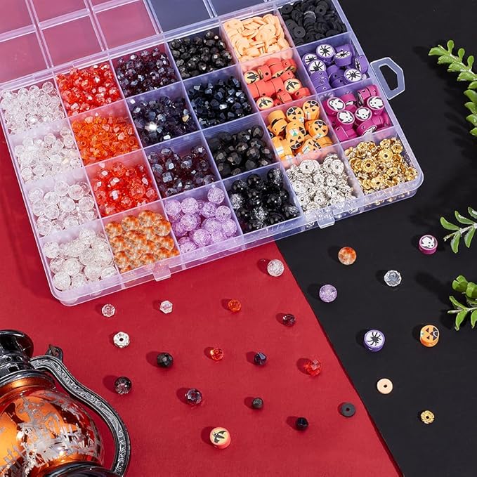 PH PandaHall 1288pcs Halloween Glass Beads for Jewelry Making, Faceted Glass Bead Clay Bead Rhinestone Spacer Beads Bracelet Making Kit for Jewelry Making Bracelet Necklace, 6-9.5mm