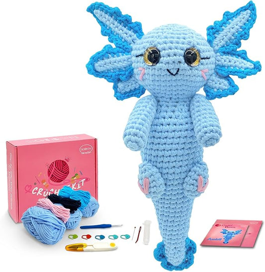 SGIBYN Crochet Kit for Beginners, 11.8 Inch Large Axolotl Amigurumi Crochet Kit with Step-by-Step Video Tutorials, Easy Animal DIY Knitting Craft Kit for Women, Teens & Adults