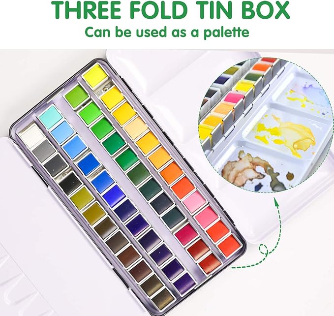 48-Color Solid Watercolor Set for Adults - 20pcs Watercolor Papers,2pcs artist brushed,2pcs water pens,Sponge & Cleaner - Perfect Travel Watercolor Kit for Artist,Beginners,Painting Lovers
