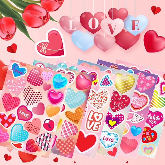 karslora 30 sheets valentine stickers, 490pcs heart stickers, valentine stickers for kids, valentines crafts party favors for kids, valentines day stickers