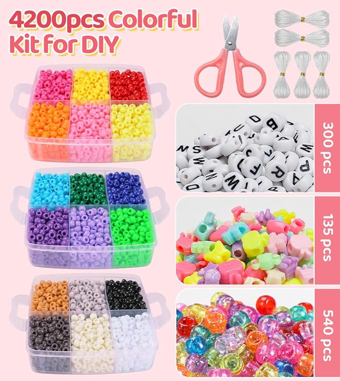 iooleem pony beads, 4200pcs 27 colors(solid & glitter), beading kits for bracelet, beads for friendship bracelets & jewelry making, easy storage.