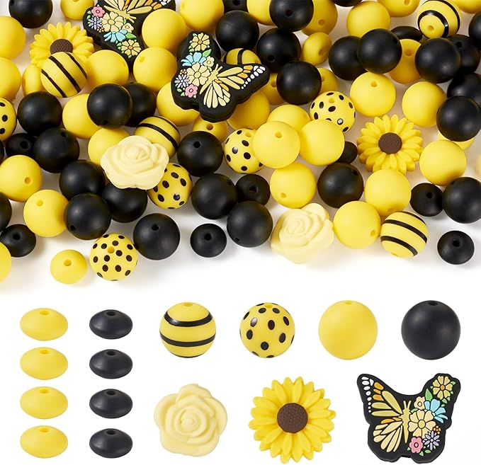 96 Pcs Butterfly Silicone Focal Beads for Keychain Yellow Silicone Loose Beads for Bracelet Making Rondelle Flower Daisy Beads for Women Jewelry Making DIY Birthday Supplies