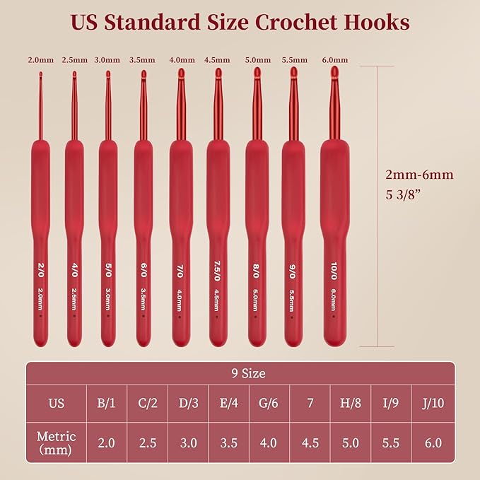 CLYAIYLC 9 Size Red Crochet Hook Set, 2.0-6.0mm Soft Touch Aluminum Crochet Hooks Ergonomic Crochet Hooks for Arthritic Hands,Ideal Gift for Beginner Lover