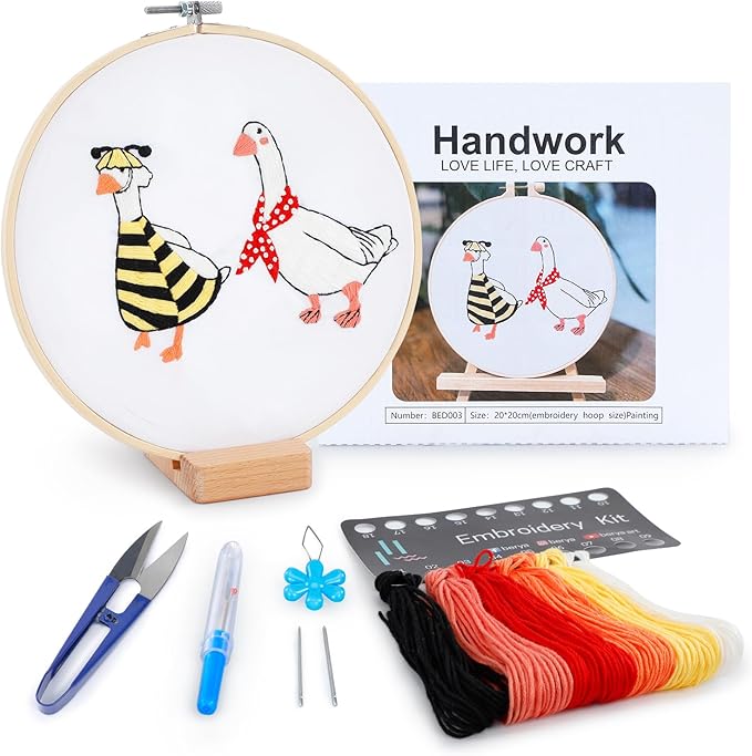 Embroidery Kit for Adult Beginners, Bee Goose Embroidery Kit with Step-by-Step Instructions and Video,Printed Cloth,7.87" Hoop, Display Stand,Color Threads,Threader & Needles for Craft Lover(BED003)