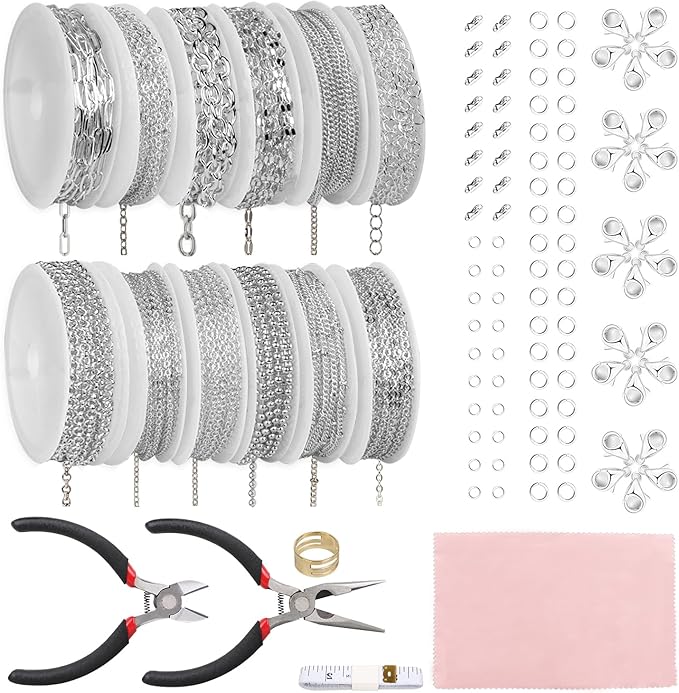 Fesorsi Silver Chain for Jewelry Making, 95ft 12 Style Steel Jewelry Chain, Electroplating Process, for DIY Necklace Chains, Tassel Pendants, with Jump Ring, Lobster Clasp, Pliers
