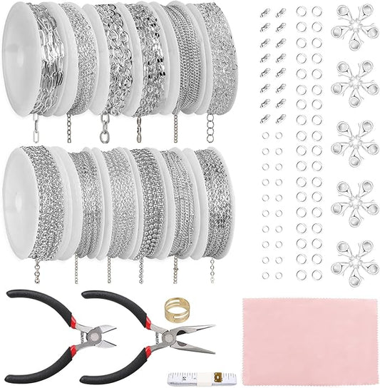 Fesorsi Silver Chain for Jewelry Making, 95ft 12 Style Steel Jewelry Chain, Electroplating Process, for DIY Necklace Chains, Tassel Pendants, with Jump Ring, Lobster Clasp, Pliers