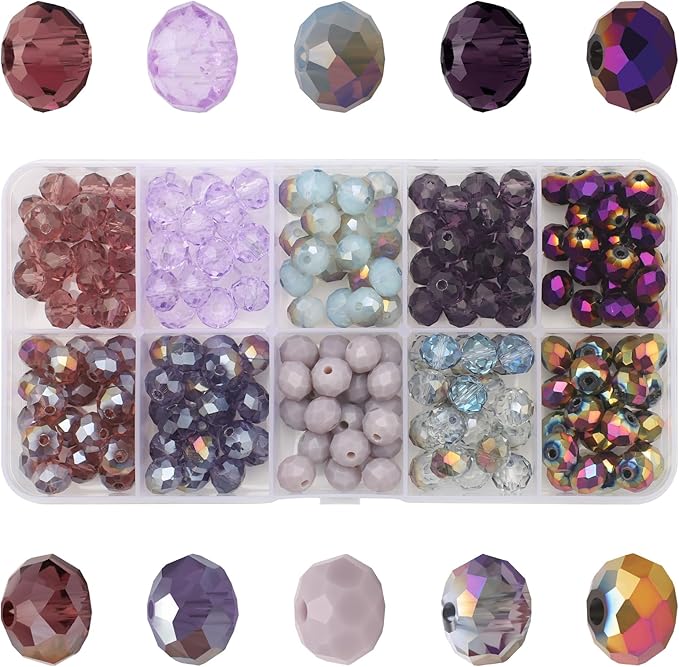 200pcs 8MM Faceted Rondelle Glass Beads for Jewelry Making, Briolette Crystal Glass Beads Plated Round Loose Spacer Beads for DIY Supplies Bracelets Necklaces Earrings (Purple)