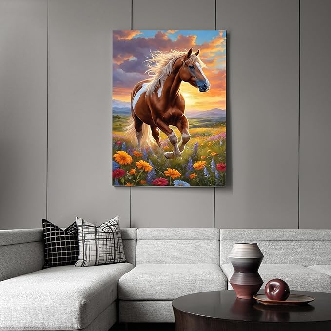 Fountor Horse Diamond Art Kits for Adults, Horse Diamond Painting Kits for Adults Beginners, DIY 5D Flower Diamond Painting with Round Gem Art Kits for Gift Home Wall Decor 12x16 Inch