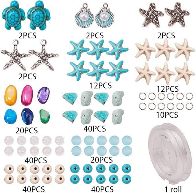 SUNNYCLUE 1 Box DIY 6Pcs Boho Shell Beads Beach Charm Anklet Christmas Bracelet Making Kit Adjustable Starfish Sea Shell Charms Turquoise Turtle Beads Foot Chain Sandal Beads for Jewelry Making Kits