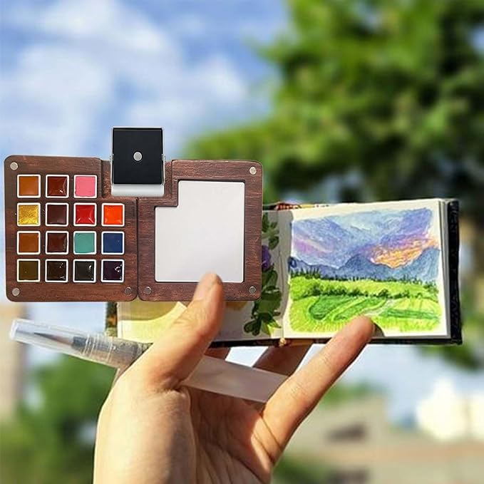 Mini Paint Palette Travel Kit - Mini Travel Watercolor Palette Set, Pocket Artist Water Color Travel Set with Colours, Binder Clips, Watercolor Pens, Wooden Paint Box for Painters Artists Students