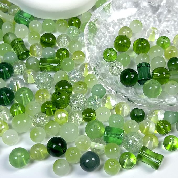 300pcs Glass Beads Green, 8mm Assorted Crystal Bead for St. Patrick's Day Jewelry Making, Round Spacer Loose Beads Kit for DIY Charms Bracelets Necklaces Earrings