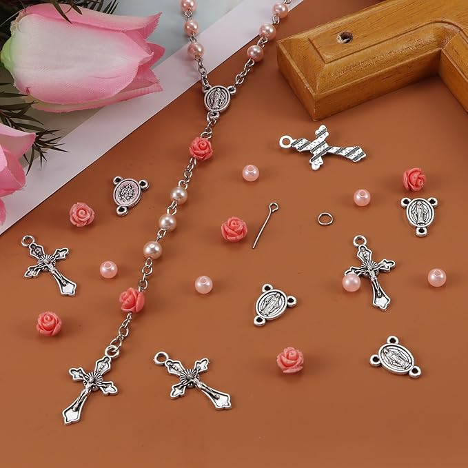 OEMOO 1410PCS Rosary Jewelry Making Kit Rosary Prayer Making Supplies Carved Rose Beads Cross Centerpiece Crucifix Medal, Silver Jesus Maria Pendant for Rosary Bracelet Necklace Jewelry (Pink)