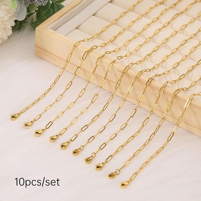 10 Pack Gold Filled Bulk Necklace Chains for Jewelry Making 20 Inch Paper Clip Stainless Steel Adjustable Charm Necklace Making Kit for Women