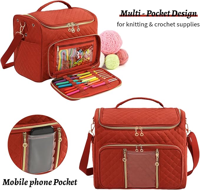 Knitting Bag- Crochet Bags for on The go,Yarn Storage Organizer, Perfect for Knitting and Crochet Accessories(Rust Red)