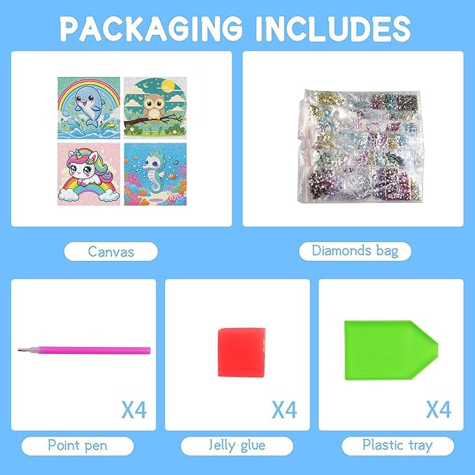 Dlylust Diamond Painting Kits for Kids Beginner - 4 Pack DIY 5D Full Drill Diamond Art Kits for Children, Cute Animals Round Crystal Rhinestone Gem Art Crafts Home Wall Art Decor 5.9 x 5.9 Inches