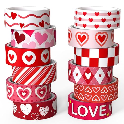 12 Rolls Love Heart Washi Tape Set, Pink Red Decorative Tape Valentine Stripe Dots Masking Tape for Journaling Supplies,Wedding Party,Junk Journal, Scrapbooking, Planner, DIY Arts & Crafts