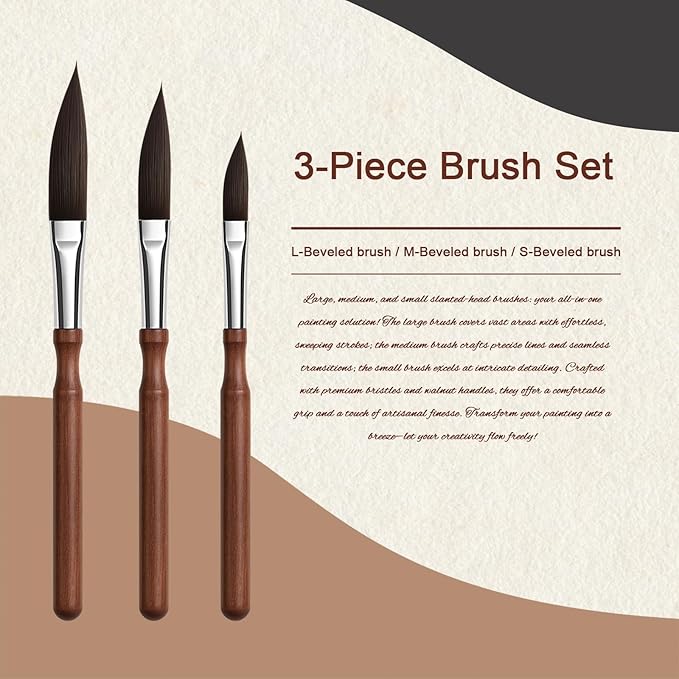 Professional 3pc Dagger Travel Brush Set for Watercolor Pinstriping - Synthetic Squirrel Hair Brushes for Detail, Fine Lines, Acrylic, Ink & Gouache (Short Handle)