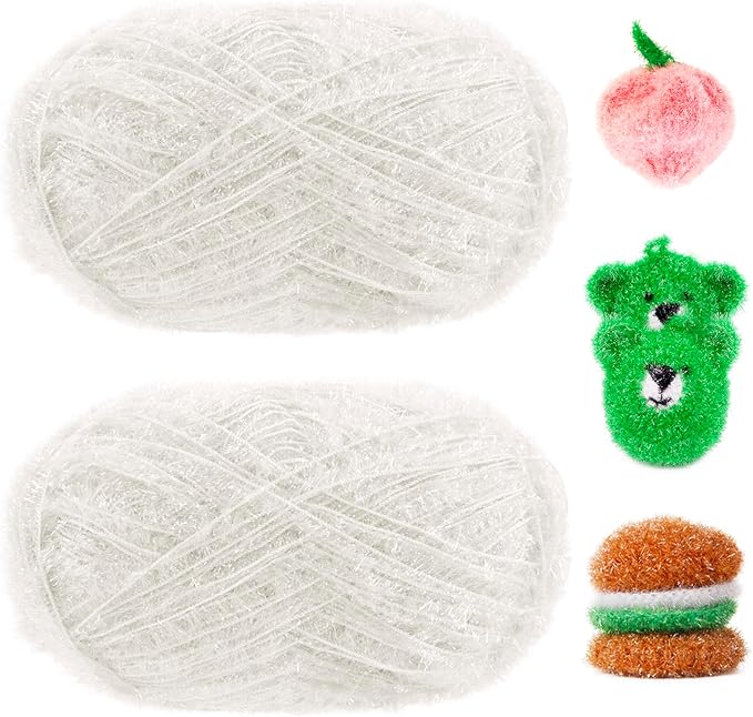 JeogYong Scrubby Yarn 2 Skeins (2 x 100g, 2 x 218yd) Scrubby Sparkle Yarn, Fluffy Polyester Scrubbie Crochet String for Crocheting Knitting Dishcloths Washcloths DIY Projects