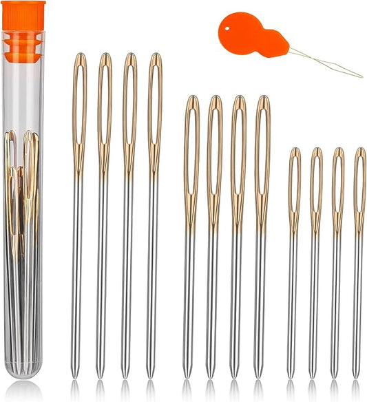 TLKKUE 12 Pcs/3 Sizes Large-Eye Blunt Needles, Steel Yarn Needle with Needle Threader, Tapestry Needle for Sewing Crochet Knitting Embroidery (Gold 2.08in/2.36in/2.76in)