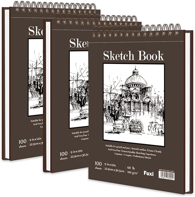 9"x12" sketch book bulk, top spiral bound sketch pad, 3 pack 100 sheets each (68lb/100gsm), acid free art sketchbook artistic drawing painting writing paper for kids adults beginners artists