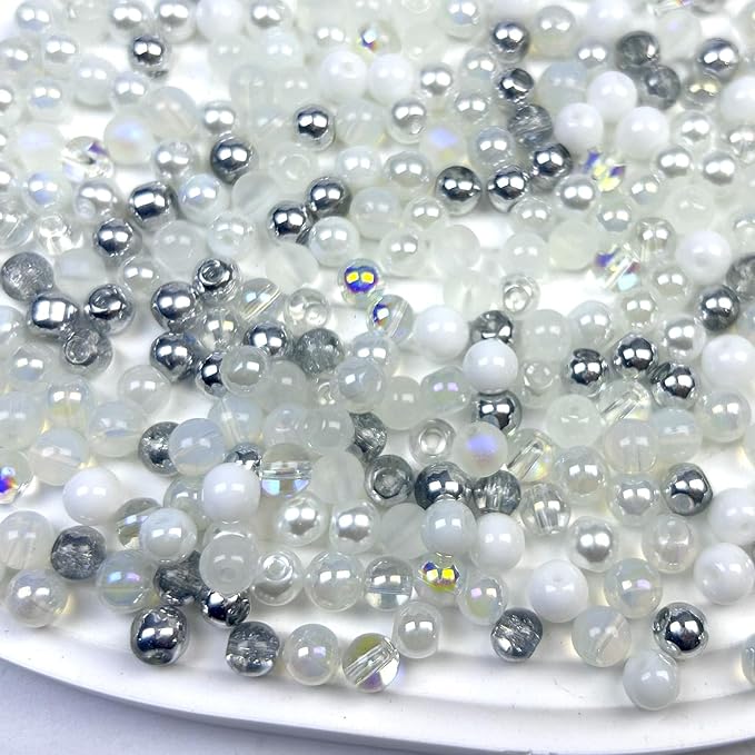300pcs 6mm Glass Beads, Assorted Glass Beads for Jewelry Making, White Series Round Spacer Bead Kit for Bracelet Necklace DIY Craft
