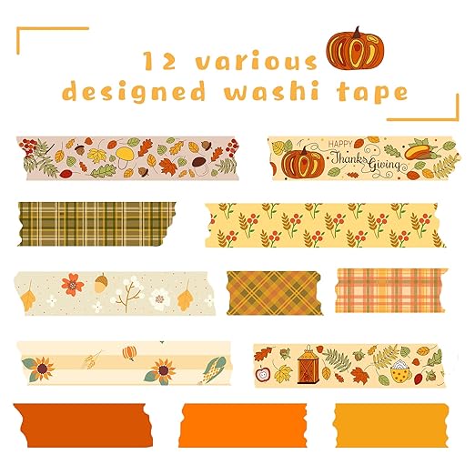12 Rolls Fall Washi Tape Set for Bullet Journaling, DIY Crafts, Scrapbooking, Gift Wrapping Colorful Autumn Decoration Tape Grid Sunflower Maple Leaves Washi Tape