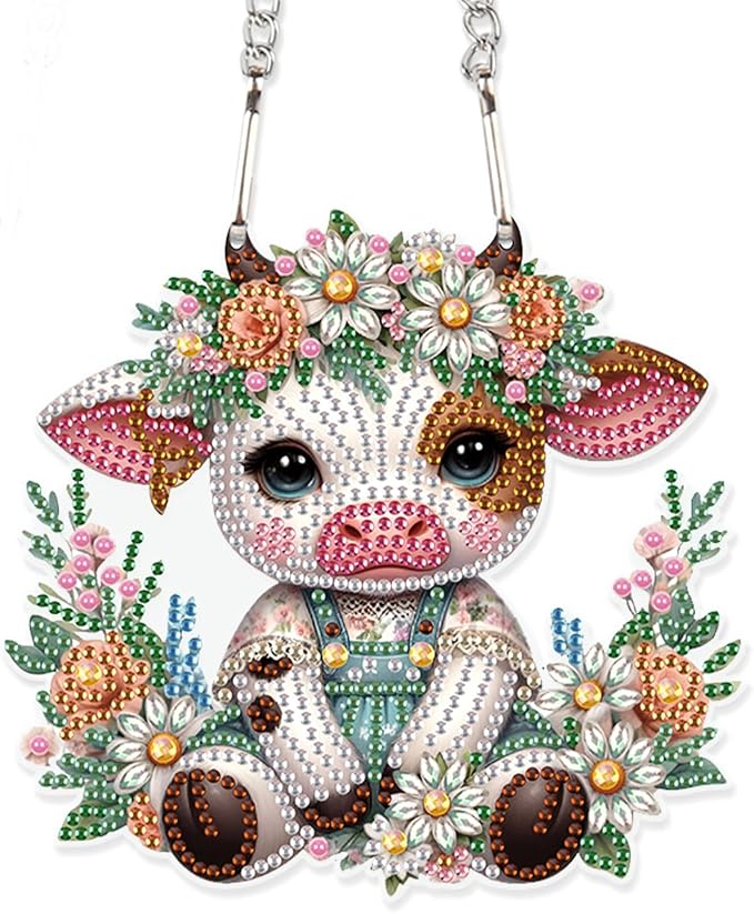 AiYuanzsh Cow Calf Diamond Painting Hanging Kit, 5D DIY Acrylic Special Shaped Diamond Art Pendant Ornament for Wall, Door, or Garden Decor, Cute Farm Animal Diamond Art Kit for Adults