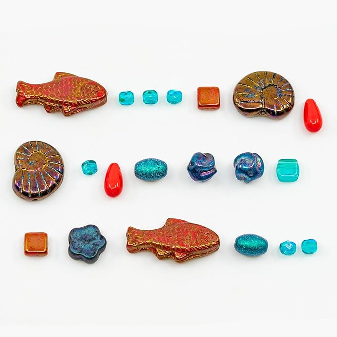 2.1 oz (60 g) Mix of Unique Czech Bohemia Glass Pressed Beads, Matte and Glossy, Hand Made, Coral Red Turquoise New