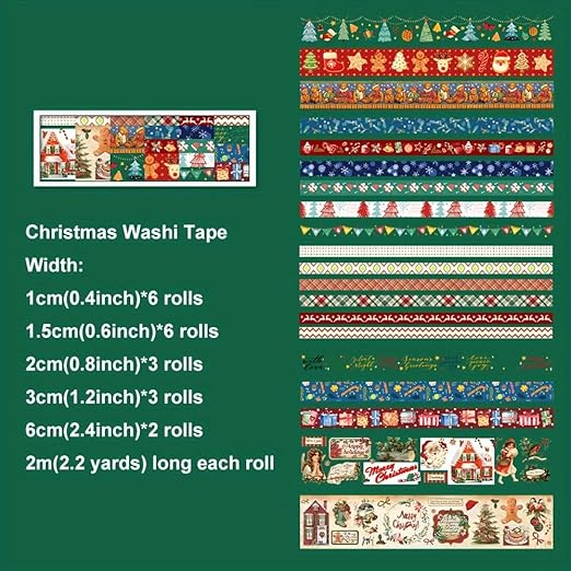 Christmas Theme Washi Tape Set, 20 Rolls Christmas Theme Washi TapeWritable Decorative Tapes for Scrapbooking, Junk Journal Supplies, Bullet Journaling, 0.6"x79" per Roll