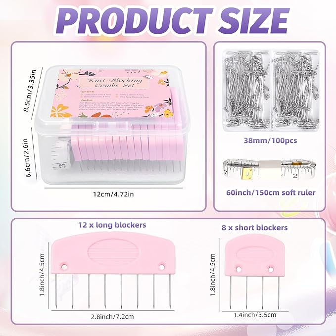 120Pcs Knit Blocking Pins Kit, Blocking Pins for Knitting, Knit Blocking Pins for Blocking Mats, 20 Knit Blockers Pins Kit, Crochet Blocking Pins, Knit Blocking Combs with 100 T-Pins and Storage Box