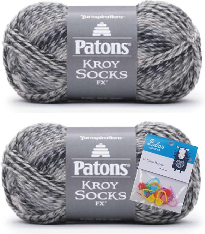 Patons Kroy Socks FX Yarn 2-Pack Bundle with Bella's Crafts Stitch Markers (Sidewalk Colors)