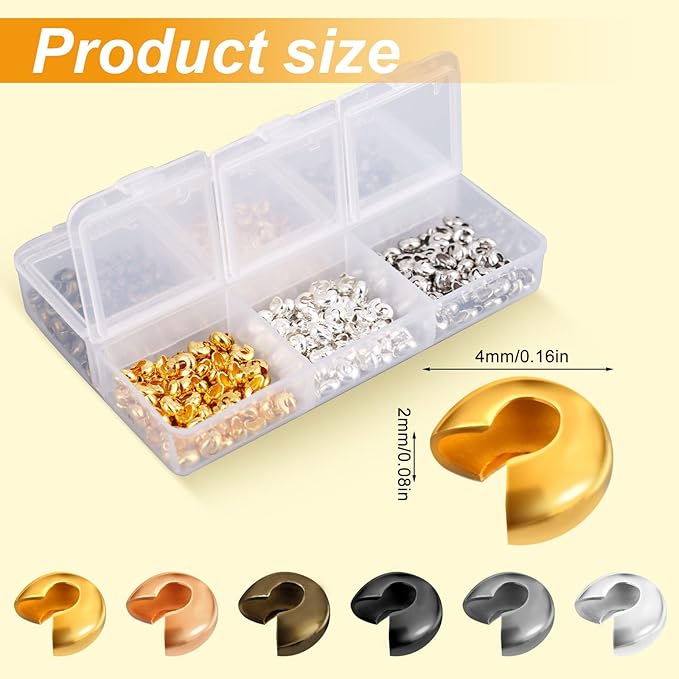 600pcs Crimp Beads for Jewelry Making, 4 mm Alloy Crimp Bead Knot Covers Semicircular Bead Stopper Crimp Tubes Crimp Bead Kit for DIY Bracelet Necklace Jewelry End Fittings Supplies (Multi-Color)